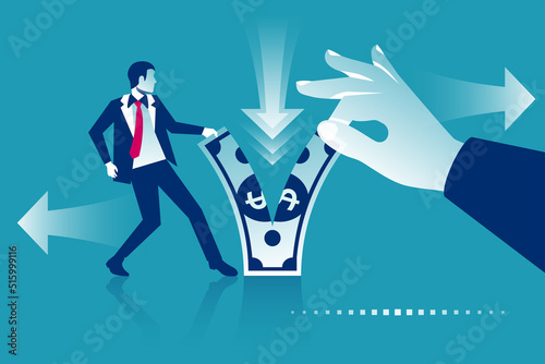 Two businessmen fight for money. Divide profits. Financial conflict. Tearing money. Conflict concept. Torn in half. Vector illustration flat design. Isolated on white background.