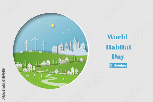 World habitat day concept with white city on paper cut circle shape background
