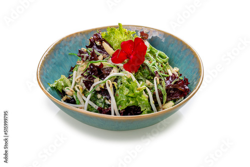 Salad with chuka seaweed, soybean sprouts and apple. On a white background, isolated. Vegetarian dish. photo