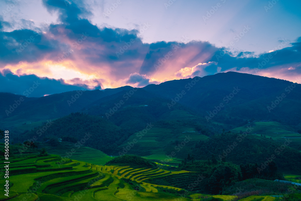 Mountain views with rice terrace in sunset time.