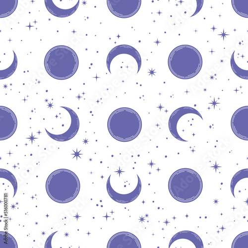 Very peri color moon seamless pattern. Celestial seamless pattern with white background.