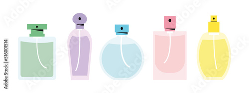 Set of various perfume beauty products. Fragrance  perfume  essences    scent. Different glass bottles and flasks  toilet water and spray. For cosmetic companies  perfumery shop. Flat illustration.