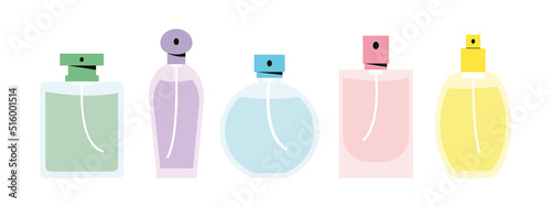 Set of various perfume beauty products. Fragrance, perfume, essences, scent. Different glass bottles and flasks, toilet water and spray. For cosmetic companies, perfumery shop. Flat illustration.