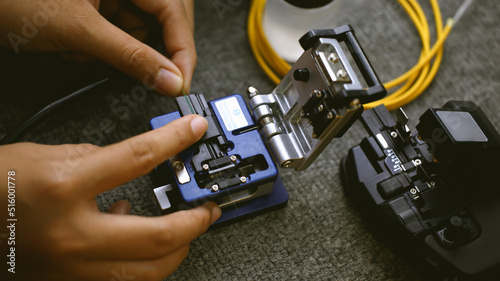 Konstfotografi Fiberoptic Fusion Splicing Technician , Internet cable connection, fiber optic fusion splicing machine