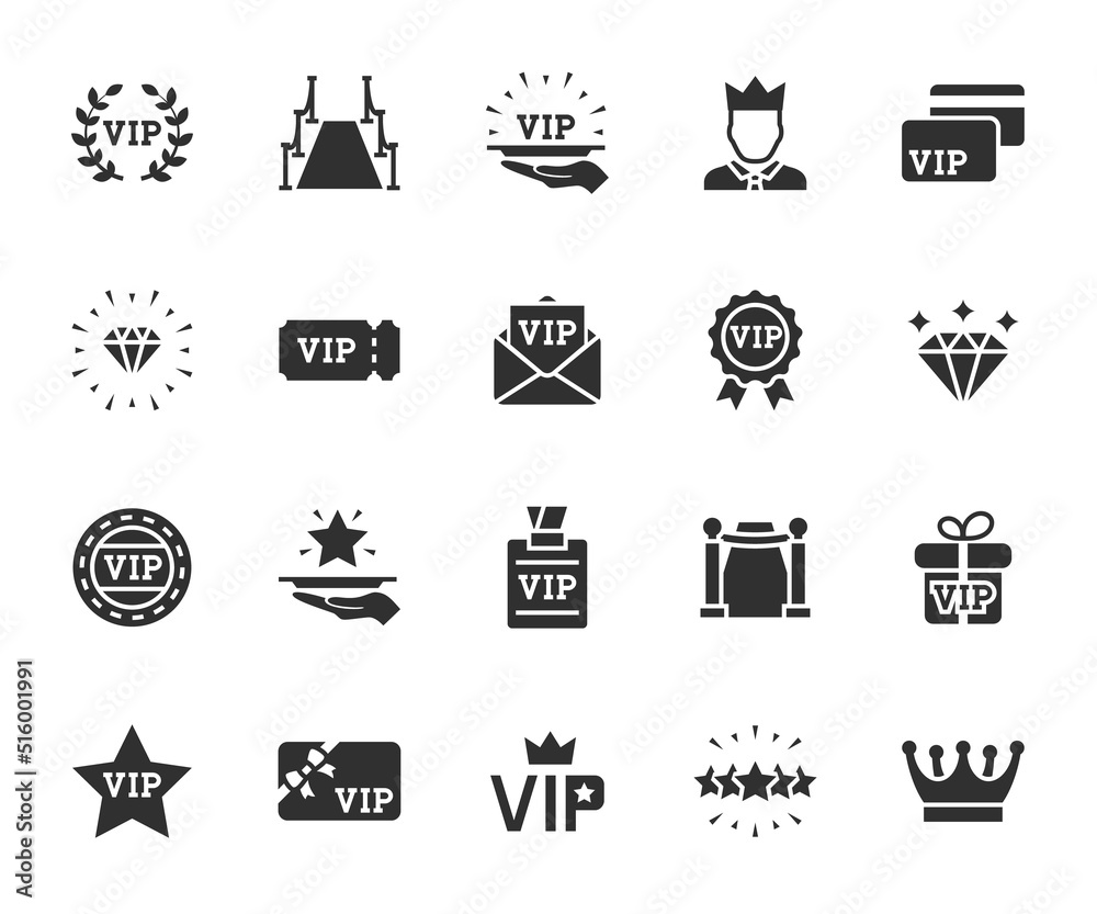 Vector set of vip flat icons. Contains icons vip card, exclusive, diamond, vip pass, vip customer, red carpet, vip service and more. Pixel perfect. - obrazy, fototapety, plakaty 