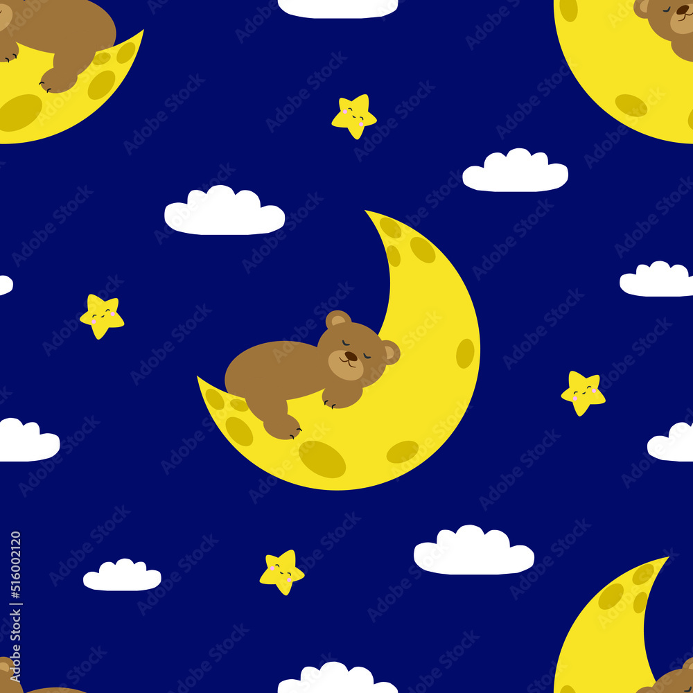 Fototapeta premium Vector seamless pattern with sleepy teddy bears on moon, clouds and stars