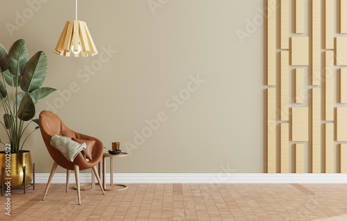 minimal interior style poster Mock up the living room wall in brown with modern sofa and decorations in the living room...copy space. 3D rendering. photo