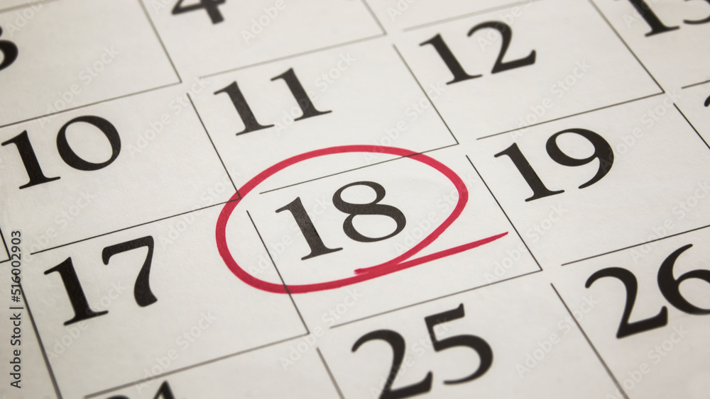 Monthly calendar with red mark on the 18th Monthly calendar with red mark on the 18th