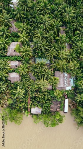 aerial top down view of homestay accommodation along tropical coastline of brown mekong river in Ben Tre Vietnam