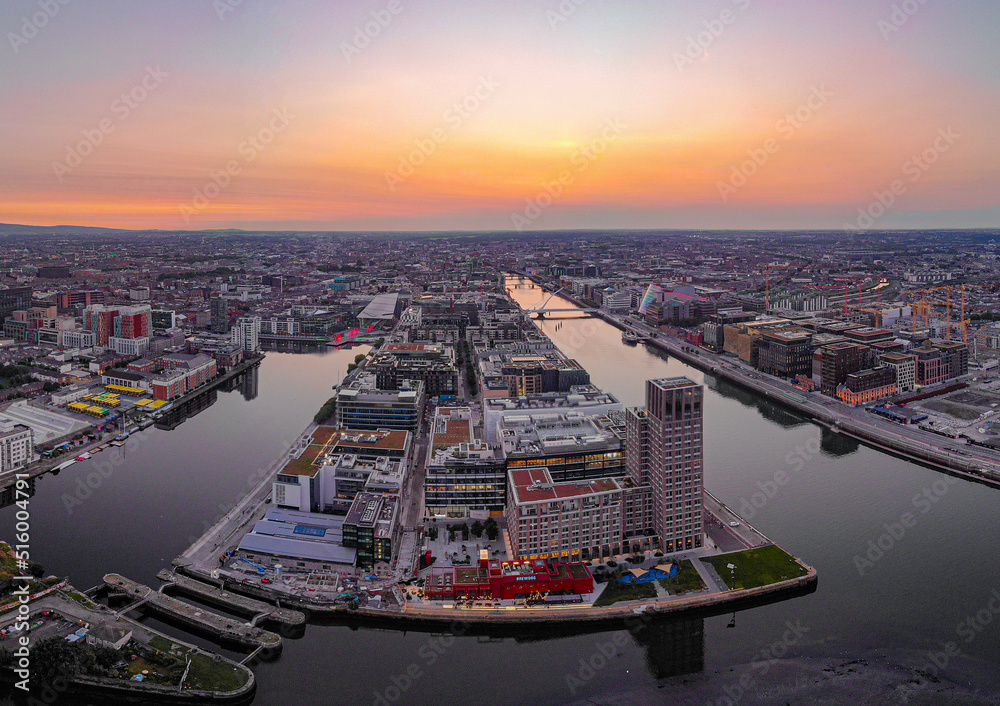 Fototapeta premium Aerial view of Dublin, at the grand canal dock during sunset