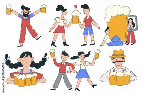 Octoberfest hand drawn flat illustration set isolated on white. Smiling and dancing people with beer. Alcohol drink concept.