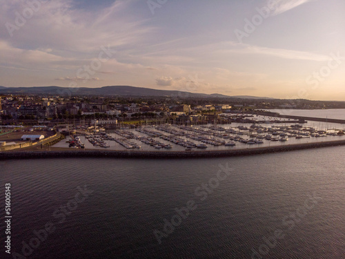 Aerial view of the sunset over Dun Laoghaire harbour with yachts, Dublin
