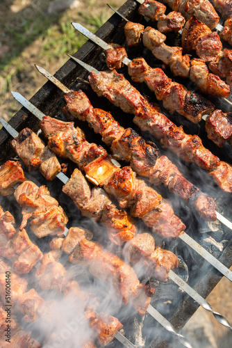 Shish kebab is fried on the grill close-up in summer