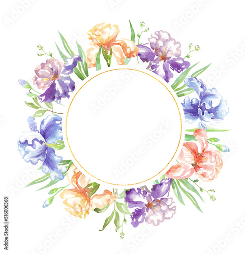 Watercolor iris frame. Hand-painted clipart