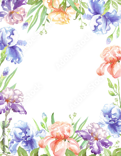 Watercolor iris frame. Hand-painted clipart