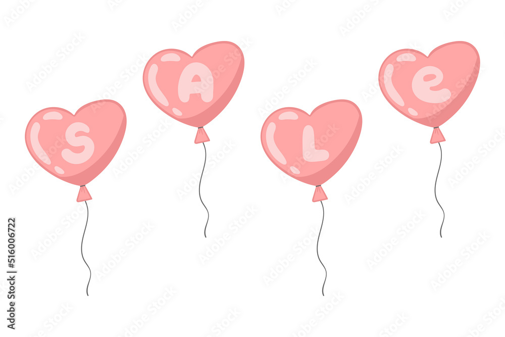 Heart shaped balloons. Valentine Sale concept. Vector flat illustration.