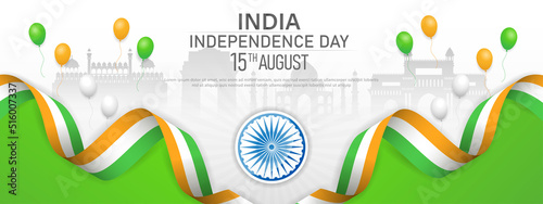 15 th August Indian Independence Day banner template design with Indian flag, Ashoka Chakra and silhouette of Indian monument. vector illustration .