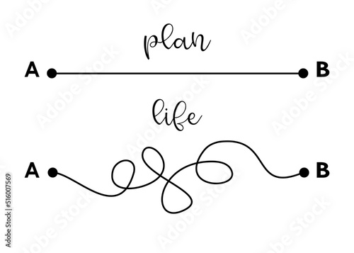 Plans versus real life, planning concept illustration by tangled and straight lines. Hard and Easy way vector illustration isolated on white background.