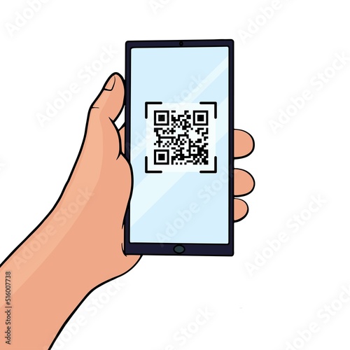 Hand holding a mobile phone with QR code on the screen. QR code scanning in smartphone in line style. Barcode scanner for pay, web, app, promo. Vector illustration.