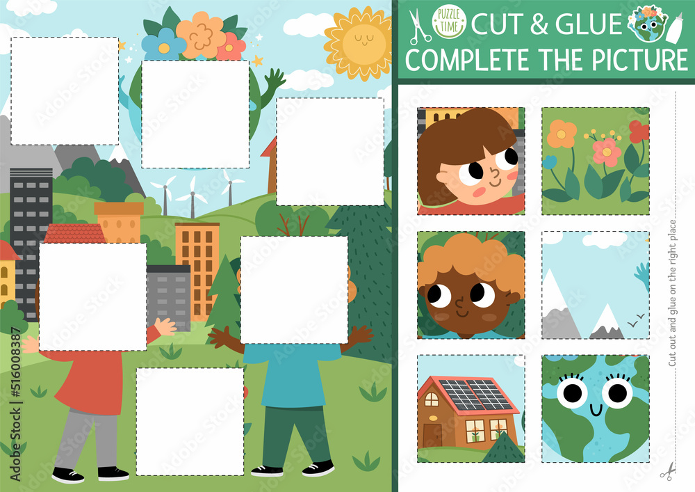 Vector ecological cut and glue activity. Earth day crafting game with ...