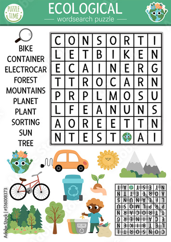 Vector ecological wordsearch puzzle for kids. Earth day word search quiz with forest, mountains, waste sorting, planet. Eco awareness educational activity. Environment friendly cross word.