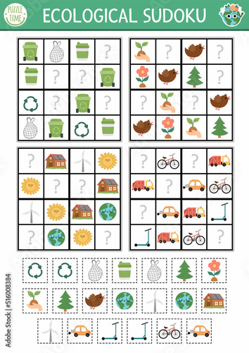 Vector ecological sudoku puzzle for kids with pictures. Simple Earth day quiz with cut and glue elements. Eco awareness education activity with zero waste concept. Find missing objects.