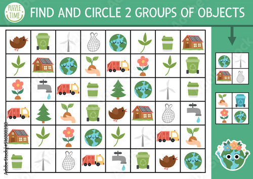 Ecological seek and find game with traditional symbols. Attention skills training puzzle with zero waste concept. Earth day printable activity. Eco awareness searching puzzle. Find groups of objects.