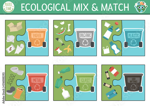Vector ecological mix and match puzzle with waste sorting concept. Matching eco awareness activity for preschool kids. Eco friendly zero waste educational printable game with containers and rubbish.