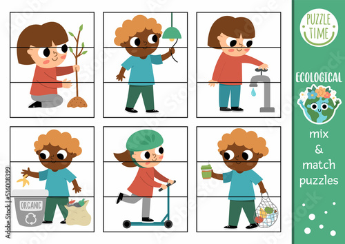 Vector ecological mix and match puzzle with cute kids caring of environment. Matching eco awareness activity for preschool kids. Educational printable game with zero waste, eco friendly concept.