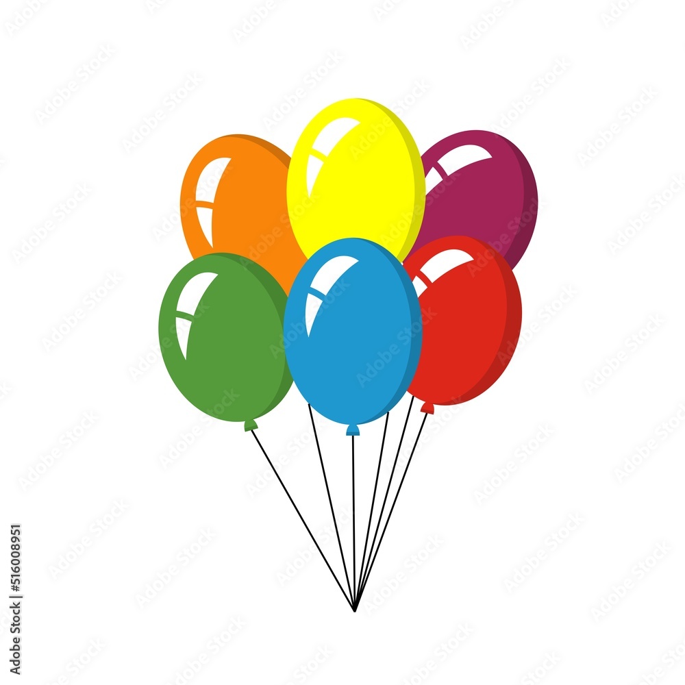 Ballon in cartoon style. flat icon for selebrate and carnival. Bunch of balloons for and party.flying balloon rope.blue,red,green,yellow ball isolated. Stock Vector | Adobe Stock