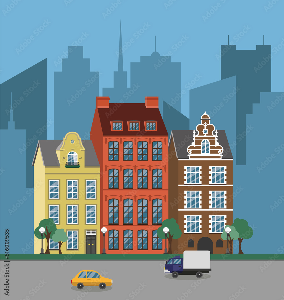 Landscape of historic city with cars. Vector illustration.	