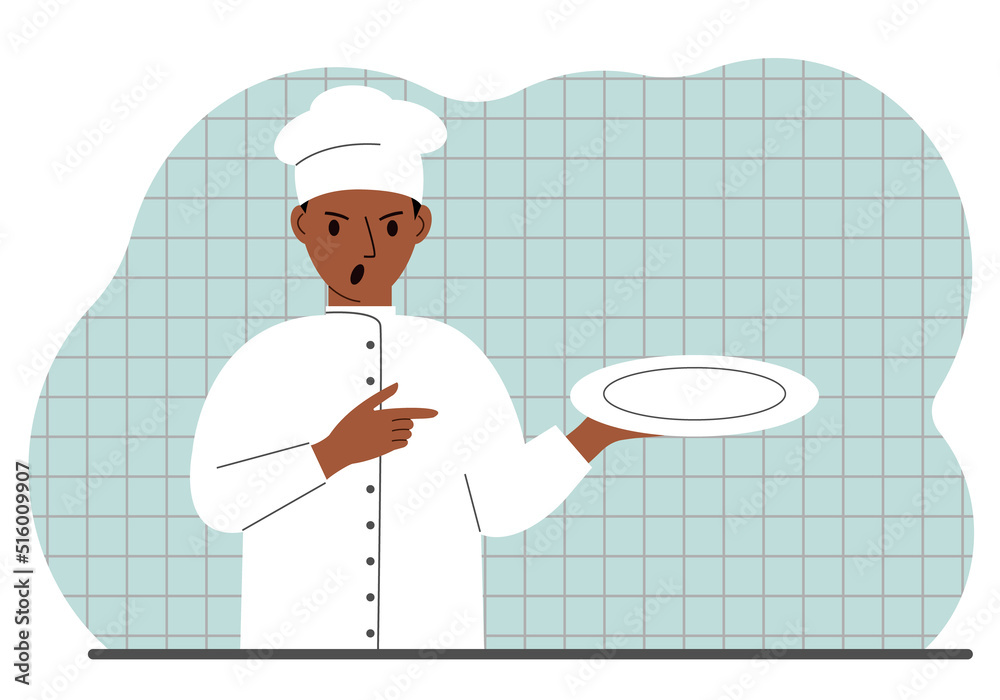 Evil cook in a cap holds an empty plate in his palm. Vector