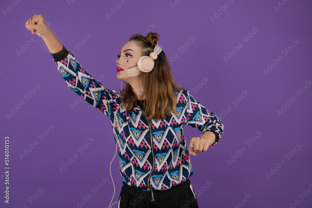 Confident young girl wearing fantasy makeup and gesture flying as a super hero Confident young girl wearing fantasy makeup and gesture flying as a super hero