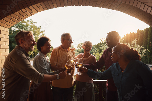 Cheerful multiethnic people toasting during family gathering on patio at sunset.