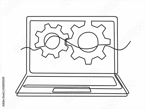 continuous one single line drawing of laptop and gears, Adjusting app options, maintenance, repair, fixing monitor. 