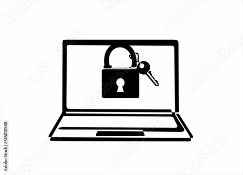 icon of laptop and padlock with key on screen as business concept of cyber security