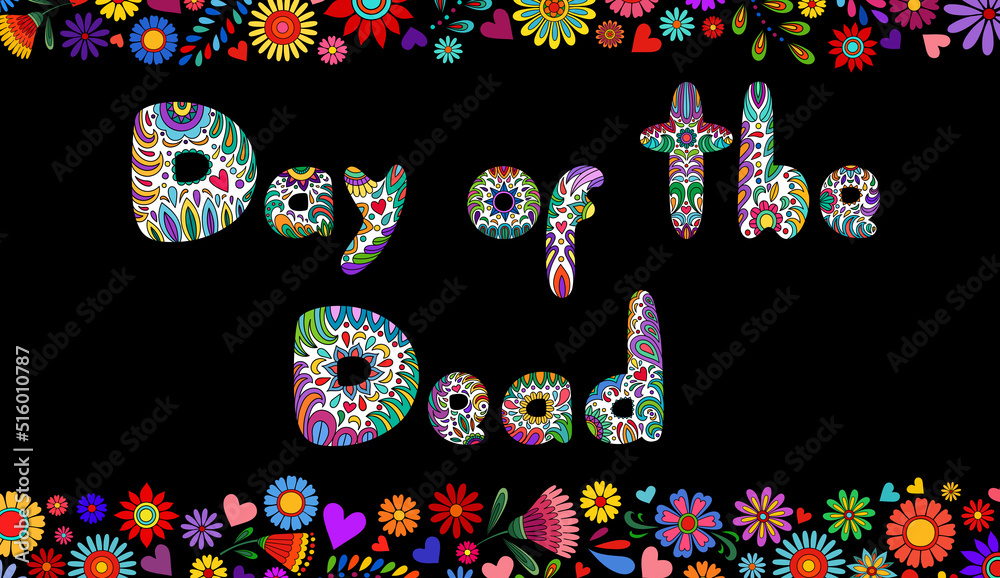  Day of the Dead banner. Dia de los muertos border. Day of the dead and mexican Halloween background. Mexican tradition festival. Day of the dead sugar skull isolated. Dia de los Muertos text, font.