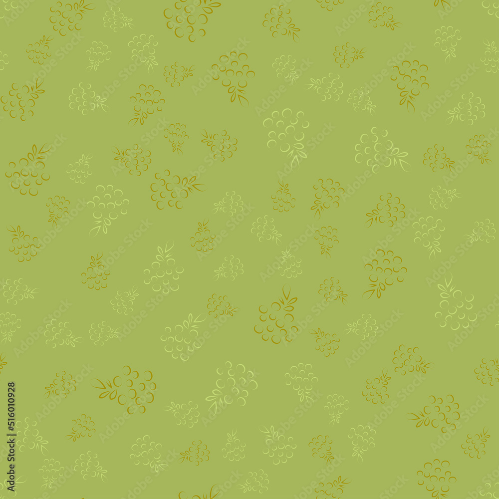 Seamless vector pattern with olives and olive leaves on a green backgroundon. Illustration for the label of olive oil, canned olives, olive product packaging. Vegetable texture