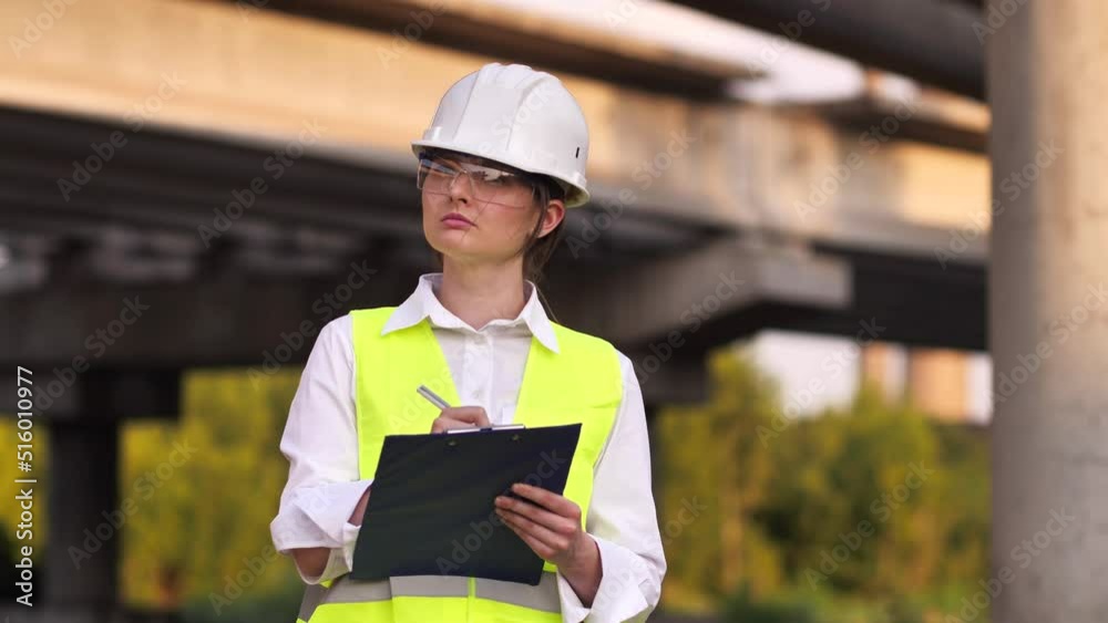 young female builder in a hard hat at a construction site. The engineer writes down the data on paper to close the project. Construction industry and real estate concept
