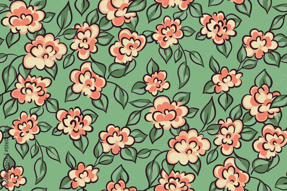 Seamless floral pattern with small decorative roses, leaves. Cute ditsy print, vintage botanical background design with hand drawn pretty plants, little flowers, leaves. Vector illustration.