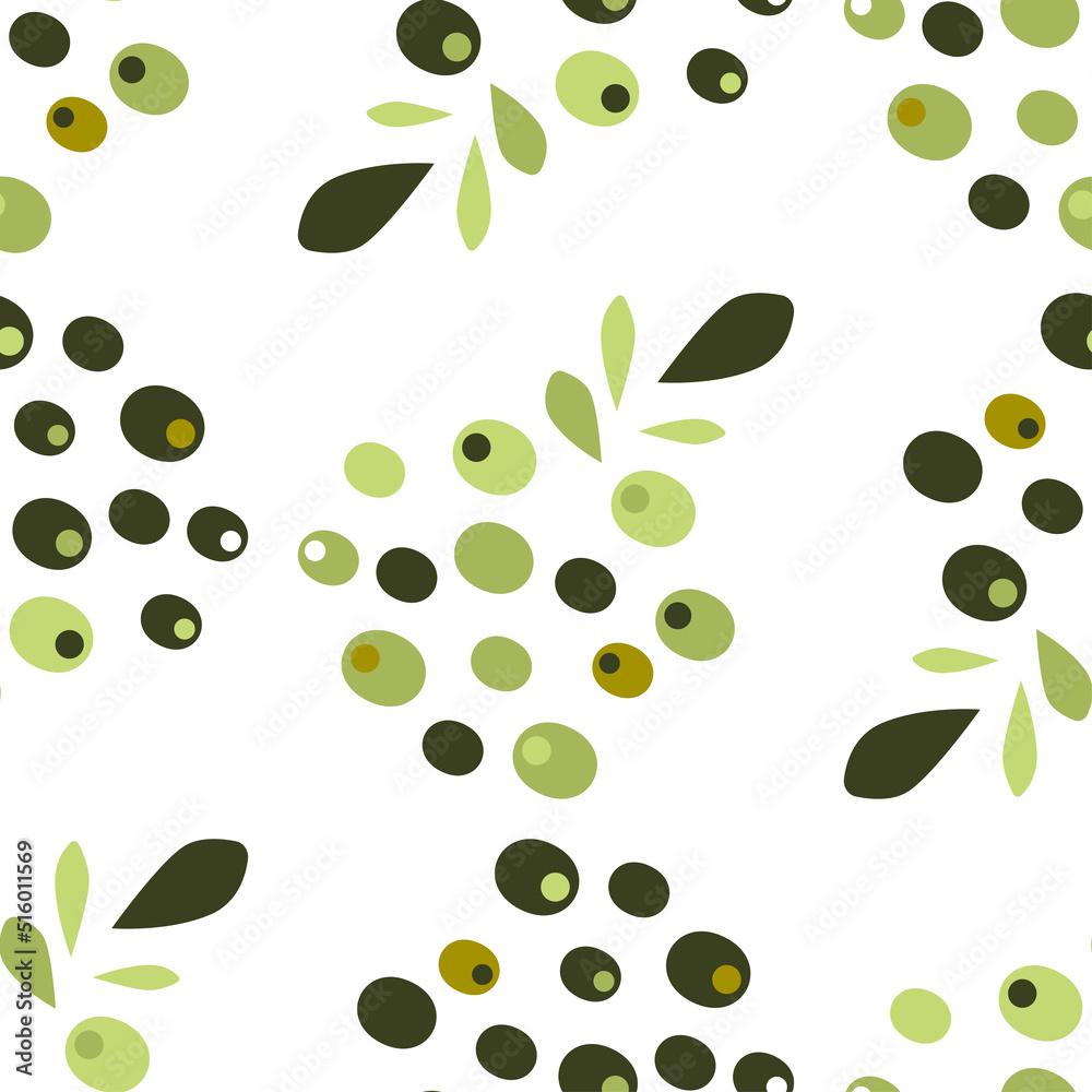 Seamless vector pattern with olives and olive leaves on a white background. Illustration for the label of olive oil, canned olives, olive product packaging. Vegetable texture Seamless vector pattern with olives and olive leaves on a white background. Illustration for the label of olive oil, canned olives, olive product packaging. Vegetable texture