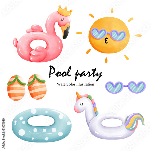 Watercolor pool party with inflatable. vector illustration