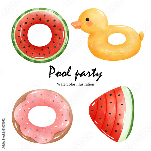 Watercolor pool party with inflatable. vector illustration