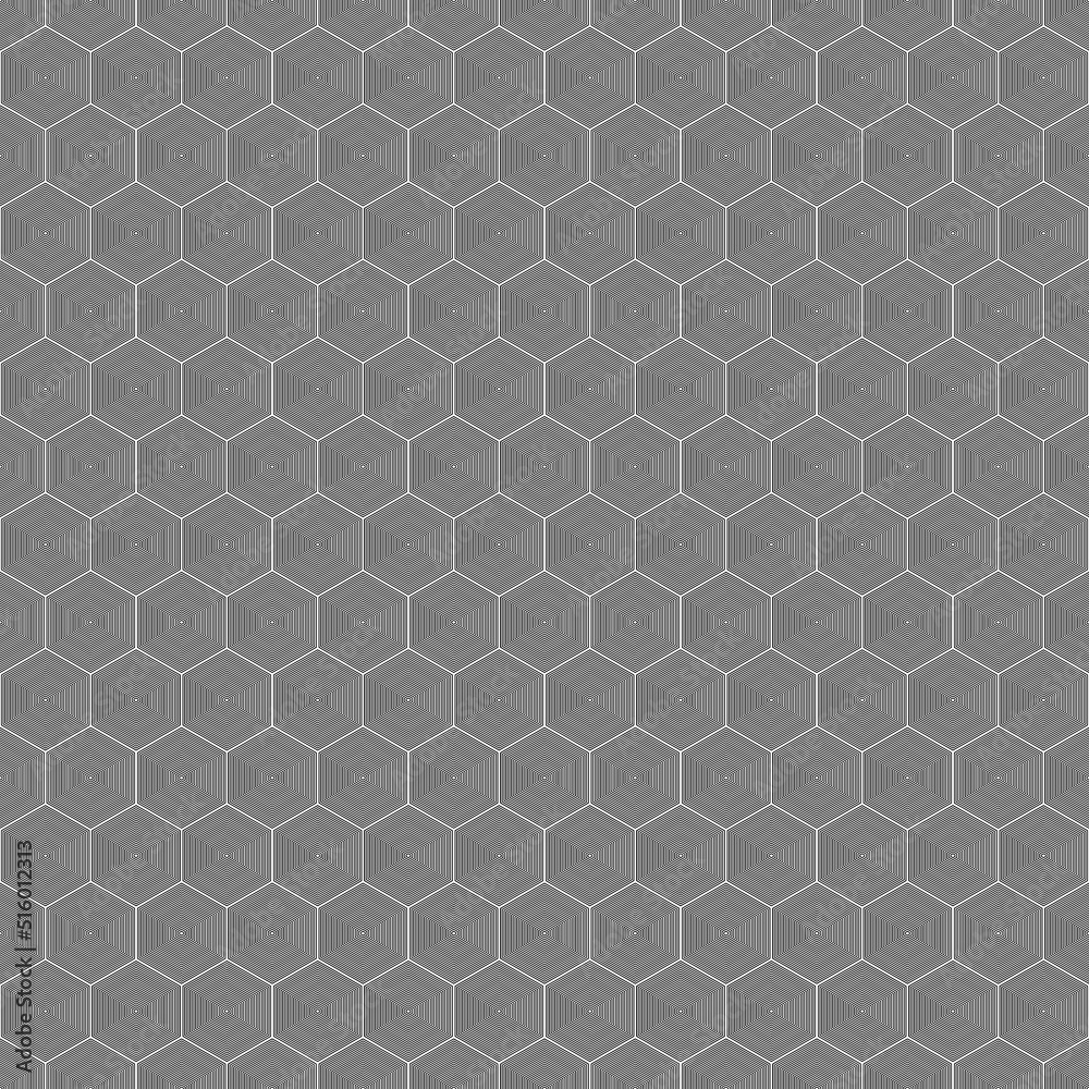 Repeated black figures on white background. Honeycomb wallpaper. Seamless surface pattern design with regular hexagons. Polygons motif. Digital paper for page fills, web designing, textile print.