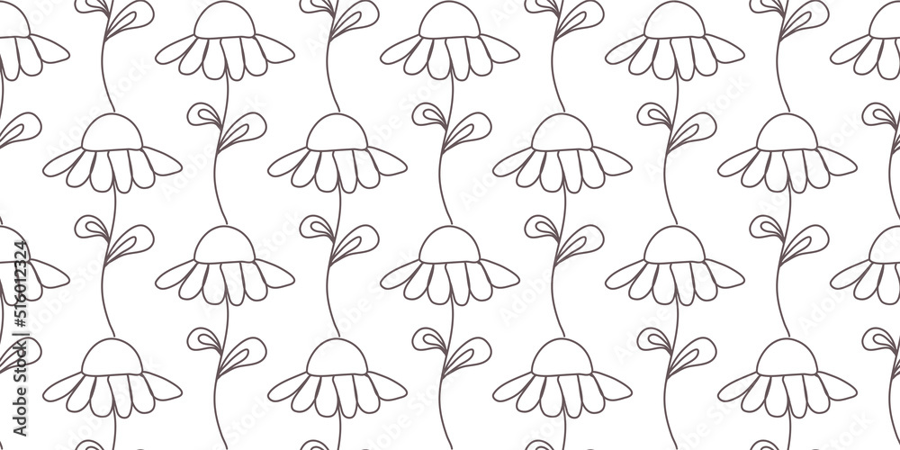 Seamless vector pattern. Monochrome ornament with daisies. Floral print for textiles. Black and white background. Children's texture. Cartoon