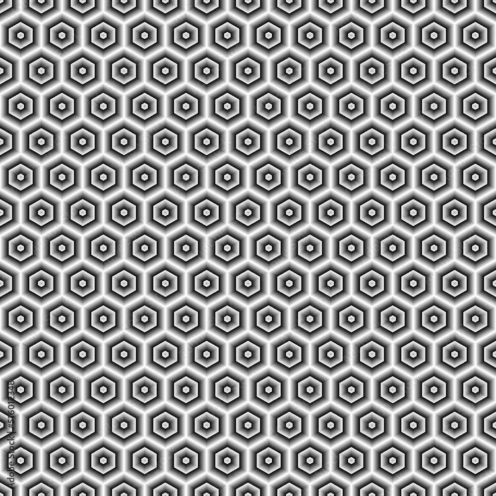 Repeated color figures on white background. Honeycomb wallpaper. Seamless surface pattern design with regular hexagons. Polygons motif. Digital paper for page fills, web designing, textile print.