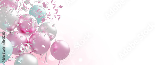 Balloons and foil confetti falling on white background with copy space 3d render