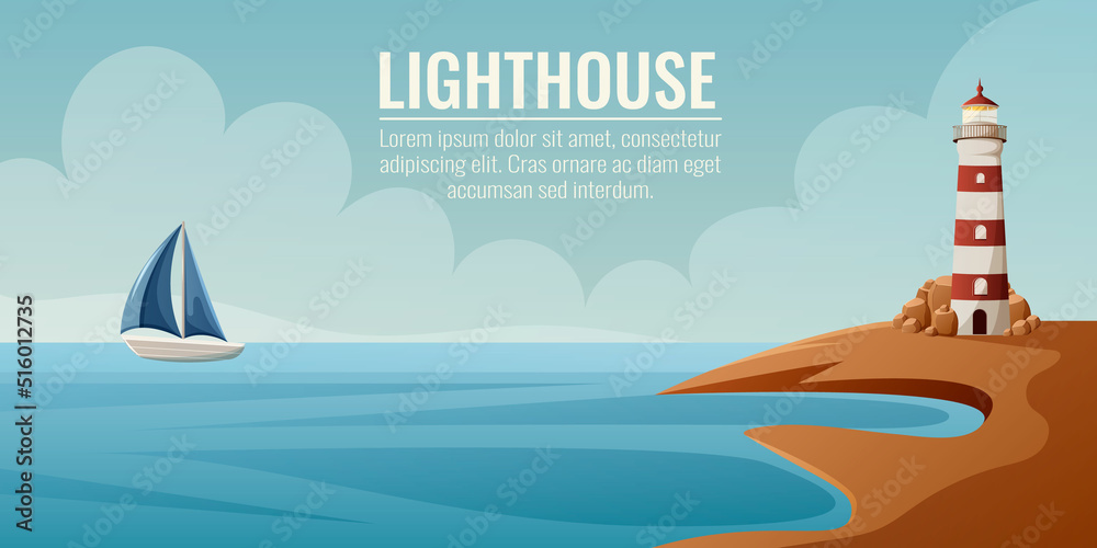 Naklejka premium Lighthouse on the coast and ship with sails at sea. Navigation help for seafarers. Seascape, vector illustration. Background for banner, poster, flyer, web template, website interface