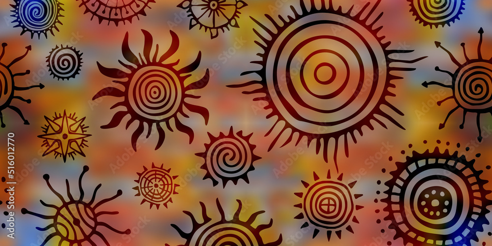 Fototapeta premium Ethnic background, seamless border, sun symbols, vector design