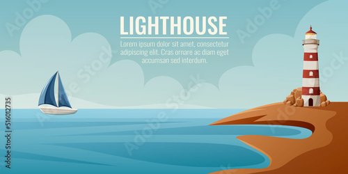 Lighthouse on the coast and ship with sails at sea. Navigation help for seafarers. Seascape, vector illustration. Background for banner, poster, flyer, web template, website interface